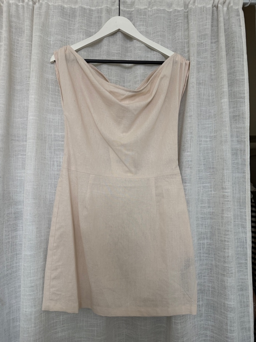 Draped Cowl Mini Dress in Light Beige